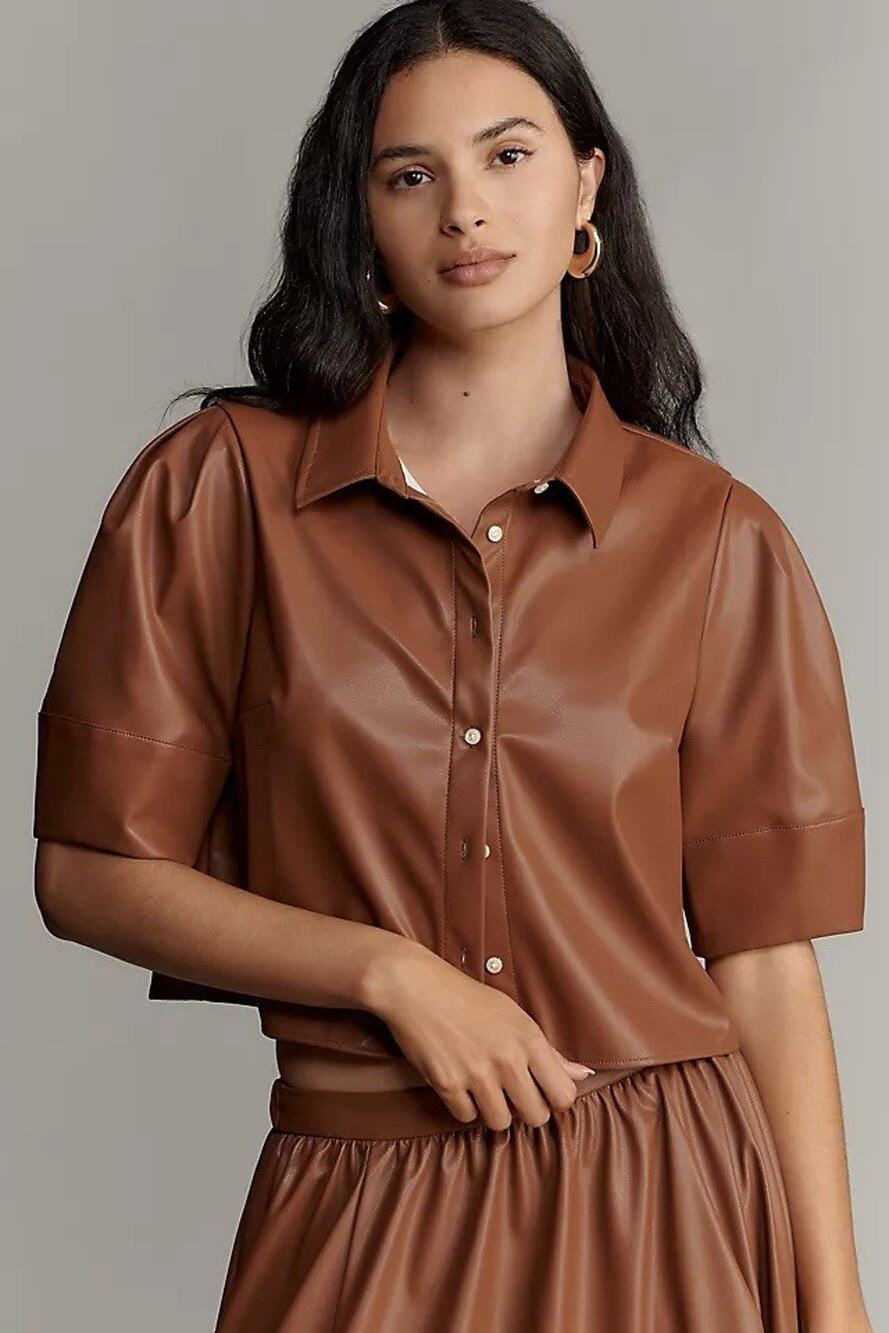 NWT Anthropologie Maeve Brown Faux Leather Woodland Rustic Puff Sleeve Crop Top